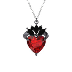 Garnet ve siyah zirkon 925 ayar siyah rodyum kaplama gümüş kolye (40 cm beyaz altın rolo zincir)