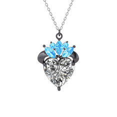 Kraliyet Kalp Kolye - Swarovski ve akuamarin 925 ayar siyah rodyum kaplama gümüş kolye (40 cm beyaz altın rolo zincir) #1jzo012