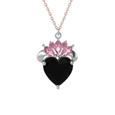 Kraliyet Kalp Kolye - Siyah zirkon ve pembe kuvars 14 ayar beyaz altın kolye (40 cm rose altın rolo zincir) #1kh1hsg