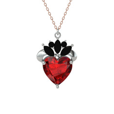 Kraliyet Kalp Kolye - Garnet ve siyah zirkon 8 ayar beyaz altın kolye (40 cm rose altın rolo zincir) #1kkctzz