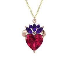 Kraliyet Kalp Kolye - Rodolit garnet ve ametist 8 ayar rose altın kolye (40 cm altın rolo zincir) #1kycinu