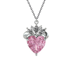 Pembe kuvars ve swarovski 8 ayar beyaz altın kolye (40 cm gümüş rolo zincir)