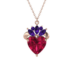 Kraliyet Kalp Kolye - Rodolit garnet ve ametist 18 ayar rose altın kolye (40 cm rose altın rolo zincir) #1ltekvt