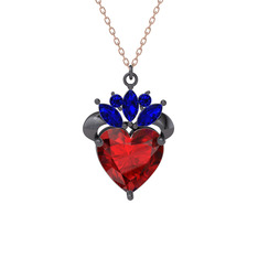 Garnet ve lab safir 925 ayar siyah rodyum kaplama gümüş kolye (40 cm rose altın rolo zincir)