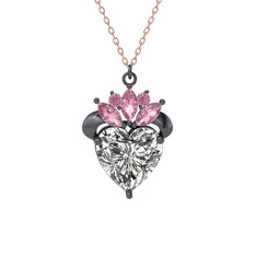 Kraliyet Kalp Kolye - Swarovski ve pembe kuvars 925 ayar siyah rodyum kaplama gümüş kolye (40 cm rose altın rolo zincir) #1mi2gnb