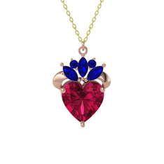 Kraliyet Kalp Kolye - Rodolit garnet ve lab safir 8 ayar rose altın kolye (40 cm gümüş rolo zincir) #1mr9sxu
