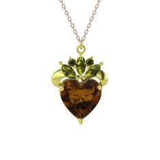 Kraliyet Kalp Kolye - Dumanlı kuvars ve peridot 8 ayar altın kolye (40 cm rose altın rolo zincir) #1n7czeh