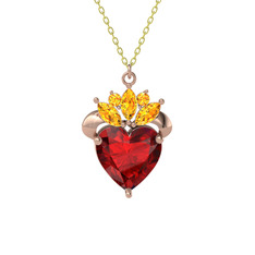 Kraliyet Kalp Kolye - Garnet ve sitrin 925 ayar rose altın kaplama gümüş kolye (40 cm gümüş rolo zincir) #1nnorzb