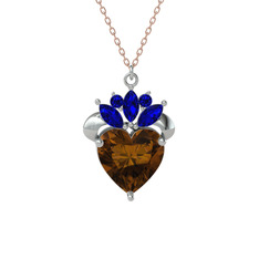 Kraliyet Kalp Kolye - Dumanlı kuvars ve lab safir 18 ayar beyaz altın kolye (40 cm rose altın rolo zincir) #1o9f9ox