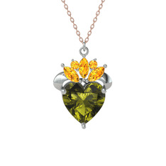 Peridot ve sitrin 8 ayar beyaz altın kolye (40 cm rose altın rolo zincir)