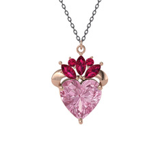 Pembe kuvars ve rodolit garnet 18 ayar rose altın kolye (40 cm gümüş rolo zincir)
