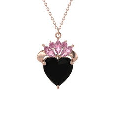 Kraliyet Kalp Kolye - Siyah zirkon ve pembe kuvars 8 ayar rose altın kolye (40 cm rose altın rolo zincir) #1pt3nen