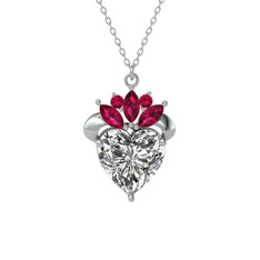 Kraliyet Kalp Kolye - Beyaz zirkon ve rodolit garnet 18 ayar beyaz altın kolye (40 cm gümüş rolo zincir) #1qrfzka