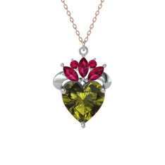 Peridot ve rodolit garnet 14 ayar beyaz altın kolye (40 cm rose altın rolo zincir)