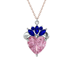 Pembe kuvars ve lab safir 14 ayar beyaz altın kolye (40 cm rose altın rolo zincir)