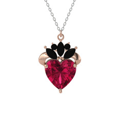 Kraliyet Kalp Kolye - Rodolit garnet ve siyah zirkon 14 ayar rose altın kolye (40 cm beyaz altın rolo zincir) #1t9j47b