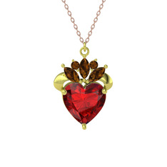 Garnet ve dumanlı kuvars 14 ayar altın kolye (40 cm gümüş rolo zincir)