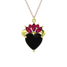 Kraliyet Kalp Kolye - Siyah zirkon ve rodolit garnet 925 ayar altın kaplama gümüş kolye (40 cm rose altın rolo zincir) #1ttv08t