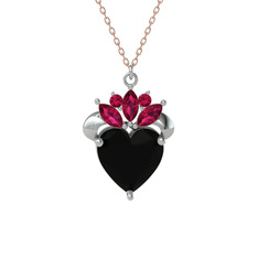 Kraliyet Kalp Kolye - Siyah zirkon ve rodolit garnet 925 ayar gümüş kolye (40 cm rose altın rolo zincir) #1uhi8ka