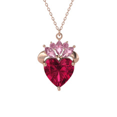 Kraliyet Kalp Kolye - Rodolit garnet ve pembe kuvars 8 ayar rose altın kolye (40 cm rose altın rolo zincir) #1v334y8