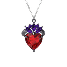 Garnet ve ametist 925 ayar siyah rodyum kaplama gümüş kolye (40 cm beyaz altın rolo zincir)