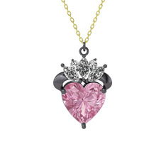 Kraliyet Kalp Kolye - Pembe kuvars ve swarovski 925 ayar siyah rodyum kaplama gümüş kolye (40 cm altın rolo zincir) #1v9ycdz