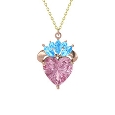 Kraliyet Kalp Kolye - Pembe kuvars ve akuamarin 18 ayar rose altın kolye (40 cm altın rolo zincir) #1vafxz5
