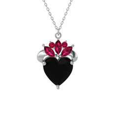 Siyah zirkon ve rodolit garnet 14 ayar beyaz altın kolye (40 cm beyaz altın rolo zincir)