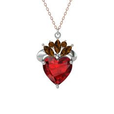 Garnet ve dumanlı kuvars 8 ayar beyaz altın kolye (40 cm rose altın rolo zincir)