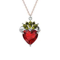 Kraliyet Kalp Kolye - Garnet ve peridot 14 ayar beyaz altın kolye (40 cm rose altın rolo zincir) #1xvrx28