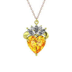 Kraliyet Kalp Kolye - Sitrin ve swarovski 925 ayar altın kaplama gümüş kolye (40 cm rose altın rolo zincir) #1ylfafz