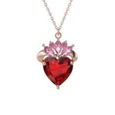 Garnet ve pembe kuvars 8 ayar rose altın kolye (40 cm rose altın rolo zincir)