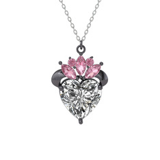 Kraliyet Kalp Kolye - Swarovski ve pembe kuvars 925 ayar siyah rodyum kaplama gümüş kolye (40 cm beyaz altın rolo zincir) #3oeqia