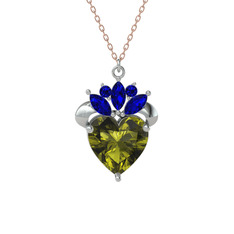 Kraliyet Kalp Kolye - Peridot ve lab safir 14 ayar beyaz altın kolye (40 cm rose altın rolo zincir) #4qgem7