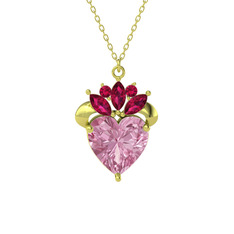 Kraliyet Kalp Kolye - Pembe kuvars ve rodolit garnet 18 ayar altın kolye (40 cm gümüş rolo zincir) #4sljpo