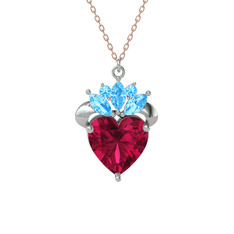 Kraliyet Kalp Kolye - Rodolit garnet ve akuamarin 18 ayar beyaz altın kolye (40 cm rose altın rolo zincir) #5jldjs