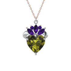 Peridot ve ametist 14 ayar beyaz altın kolye (40 cm rose altın rolo zincir)