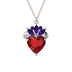 Garnet ve ametist 8 ayar beyaz altın kolye (40 cm rose altın rolo zincir)