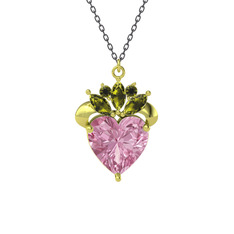 Pembe kuvars ve peridot 925 ayar altın kaplama gümüş kolye (40 cm gümüş rolo zincir)