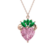 Kraliyet Kalp Kolye - Pembe kuvars ve yeşil kuvars 18 ayar rose altın kolye (40 cm rose altın rolo zincir) #6tr165