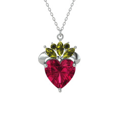 Kraliyet Kalp Kolye - Rodolit garnet ve peridot 18 ayar beyaz altın kolye (40 cm beyaz altın rolo zincir) #6whl15