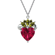 Kraliyet Kalp Kolye - Rodolit garnet ve peridot 14 ayar beyaz altın kolye (40 cm gümüş rolo zincir) #77fpze