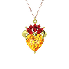 Kraliyet Kalp Kolye - Sitrin ve garnet 18 ayar altın kolye (40 cm rose altın rolo zincir) #77v5b2
