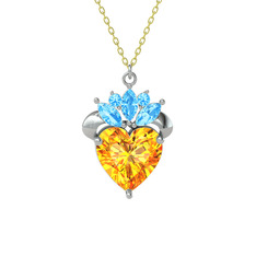 Kraliyet Kalp Kolye - Sitrin ve akuamarin 18 ayar beyaz altın kolye (40 cm altın rolo zincir) #7adjtz
