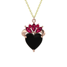 Kraliyet Kalp Kolye - Siyah zirkon ve rodolit garnet 8 ayar rose altın kolye (40 cm altın rolo zincir) #7moxxm