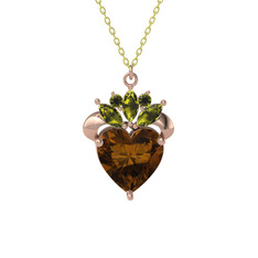 Kraliyet Kalp Kolye - Dumanlı kuvars ve peridot 18 ayar rose altın kolye (40 cm altın rolo zincir) #7o560d