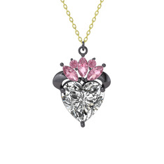 Kraliyet Kalp Kolye - Swarovski ve pembe kuvars 925 ayar siyah rodyum kaplama gümüş kolye (40 cm altın rolo zincir) #7u27d7