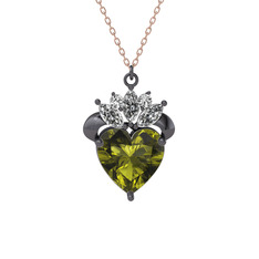 Peridot ve beyaz zirkon 925 ayar siyah rodyum kaplama gümüş kolye (40 cm rose altın rolo zincir)