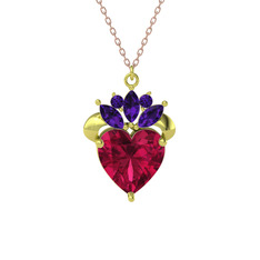 Kraliyet Kalp Kolye - Rodolit garnet ve ametist 14 ayar altın kolye (40 cm rose altın rolo zincir) #8arm28