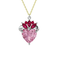 Kraliyet Kalp Kolye - Pembe kuvars ve rodolit garnet 18 ayar beyaz altın kolye (40 cm altın rolo zincir) #8koshv